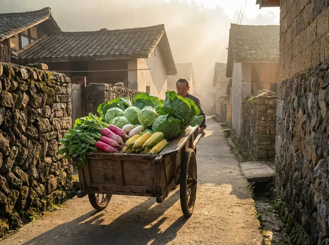 清晨推着满载蔬菜的独轮车穿过村巷 - 天大地大电视剧 乡间日常